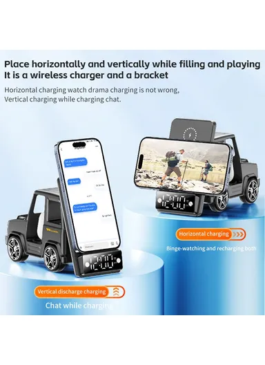 15W 6-in-1 Car Shape Desktop Wireless Charger Bluetooth-compatible Speaker Clock Atmosphere Light G63 - Grey