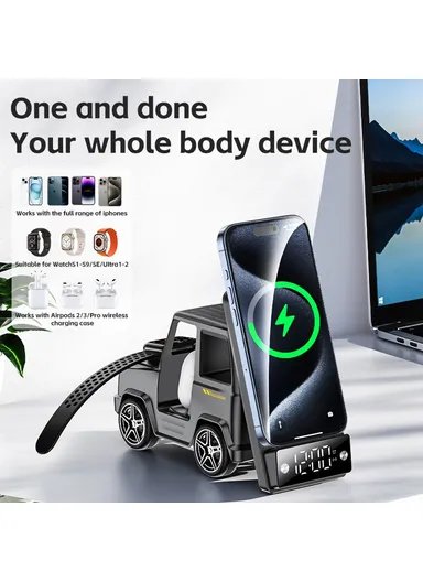 15W 6-in-1 Car Shape Desktop Wireless Charger Bluetooth-compatible Speaker Clock Atmosphere Light G63 - Grey