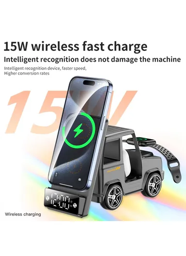 15W 6-in-1 Car Shape Desktop Wireless Charger Bluetooth-compatible Speaker Clock Atmosphere Light G63 - Grey