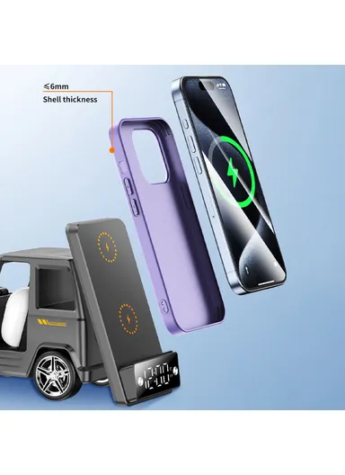 15W 6-in-1 Car Shape Desktop Wireless Charger Bluetooth-compatible Speaker Clock Atmosphere Light G63 - Grey