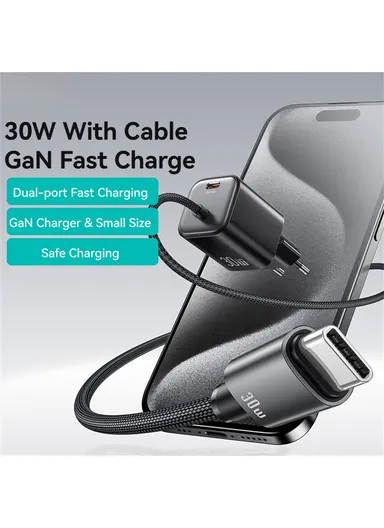 30W GaN Fast Charger Block Dual Port Wall Charger with Type-C Cable, EU Plug CC264 - White