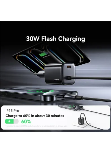 30W GaN Fast Charger Block Dual Port Wall Charger with Type-C Cable, EU Plug CC264 - White