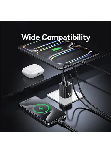 30W GaN Fast Charger Block Dual Port Wall Charger with Type-C Cable, EU Plug CC264 - White