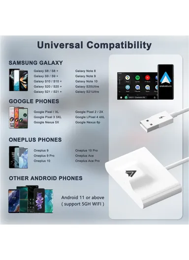 Wireless Android Auto Adapter Wired to Wireless Converter Support USB and Type-C Port THT-020-3 - White