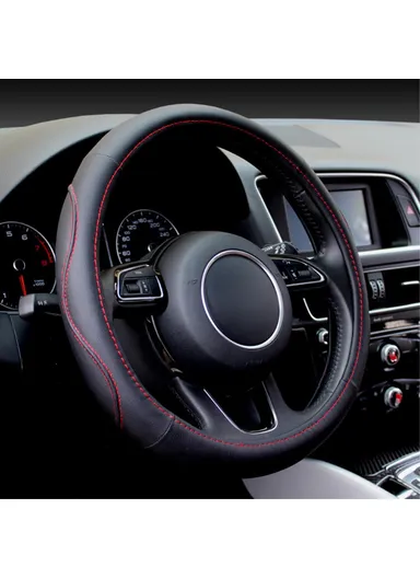 38cm Leather Car Steering Wheel Cover Universal Car Steering Wheel Protector O-Type - Black &amp; Red