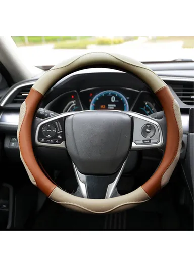 38cm Universal Comfortable Anti-Skid Steering Wheel Cover, Round Soft Grip Steering Wheel Cover for Car Truck - Beige/Coffee
