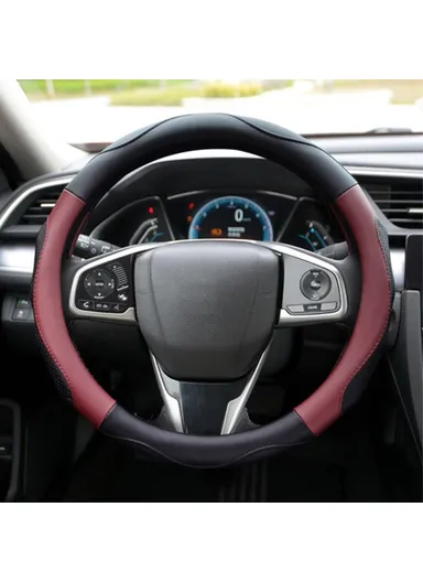 38cm Universal Comfortable Anti-Skid Steering Wheel Cover, Round Soft Grip Steering Wheel Cover for Car Truck - Black/Wine Red
