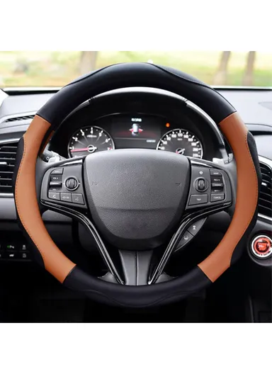 38cm Universal Comfortable Anti-Skid Steering Wheel Cover, Round Soft Grip Steering Wheel Cover for Car Truck - Black/Coffee