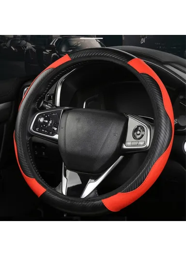 39cm Sport Carbon Leather Steering Wheel Cover, Leather Comfortable Grip Design Steering Wheel Cover, Anti Slip Touch, Anti Torsion Leather Sleeve Cover For Car - Red