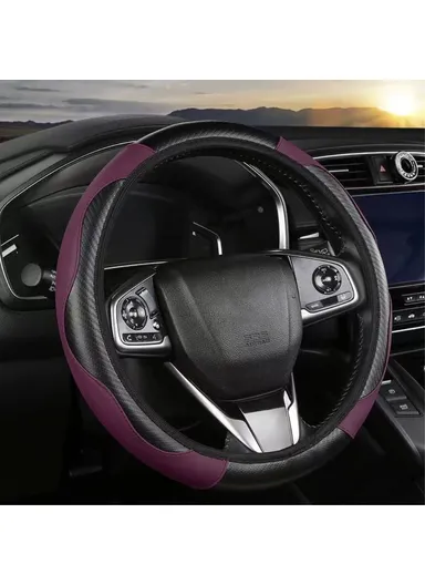 39cm Sport Carbon Leather Steering Wheel Cover, Leather Comfortable Grip Design Steering Wheel Cover, Anti Slip Touch, Anti Torsion Leather Sleeve Cover For Car - Purple