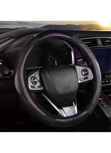 39cm Sport Carbon Leather Steering Wheel Cover, Leather Comfortable Grip Design Steering Wheel Cover, Anti Slip Touch, Anti Torsion Leather Sleeve Cover For Car - Black 