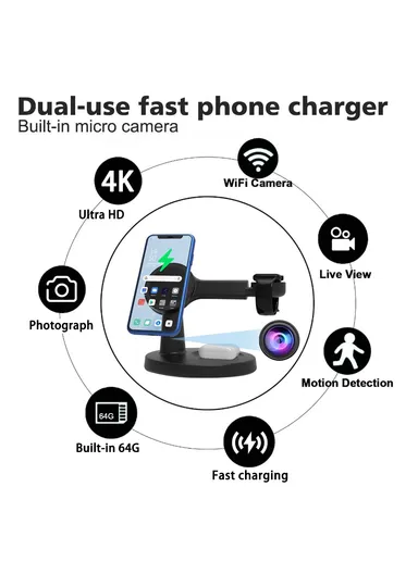 3-in-1 Phone+Smart Watch+Earbuds Wireless Charging, Motion Activated 4K WiFi Hidden Camera Spy Camera - Black