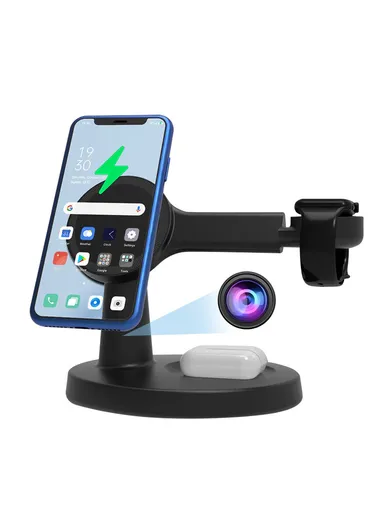 3-in-1 Phone+Smart Watch+Earbuds Wireless Charging, Motion Activated 4K WiFi Hidden Camera Spy Camera - Black