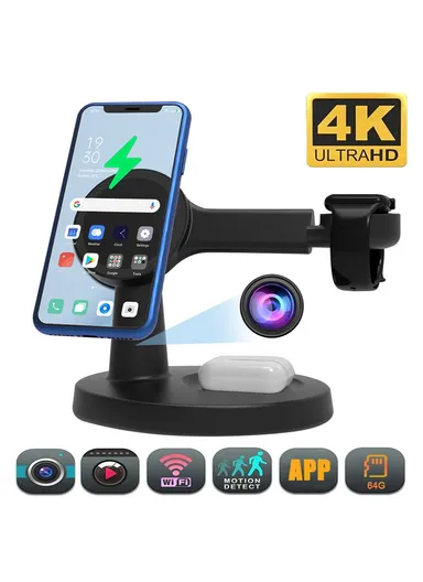 3-in-1 Phone+Smart Watch+Earbuds Wireless Charging, Motion Activated 4K WiFi Hidden Camera Spy Camera - Black