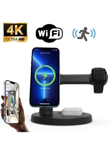 3-in-1 Phone+Smart Watch+Earbuds Wireless Charging, Motion Activated 4K WiFi Hidden Camera Spy Camera - Black