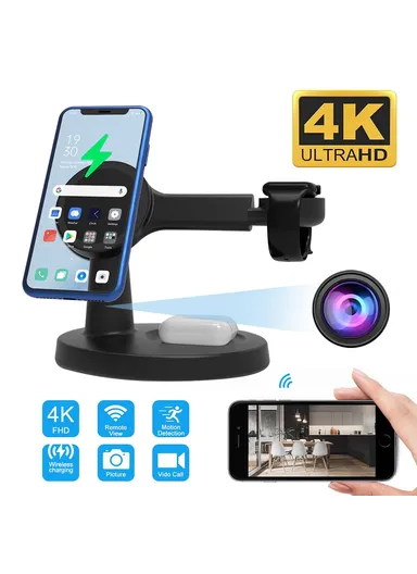 3-in-1 Phone+Smart Watch+Earbuds Wireless Charging, Motion Activated 4K WiFi Hidden Camera Spy Camera - Black