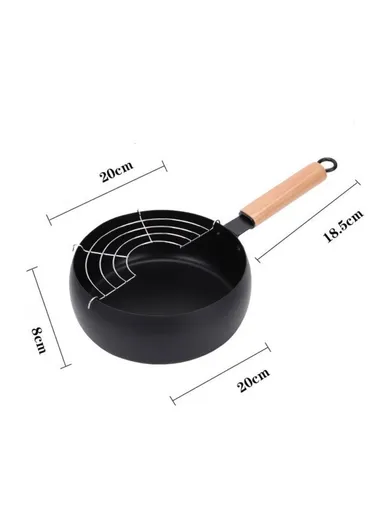 20cm Durable Wooden Handle Deep Fryer Pan with Oil Drip Drainer Rack Fry - Black