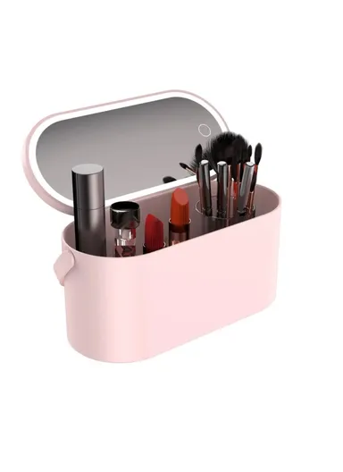 Travel Makeup Organizer, Built-In Mirror Rechargeable Cosmetic Storage Box with LED Light (L23.4 x W11.5 x H10.5)cm - Pink