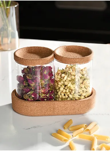 2-Glass Seasoning &amp; Food Storage Jar with Stand Holder &amp; Airtight Lids Set (D7.5 x H10)cm