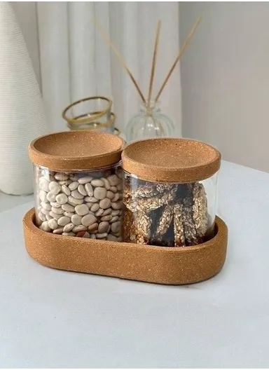 2-Glass Seasoning &amp; Food Storage Jar with Stand Holder &amp; Airtight Lids Set (D7.5 x H10)cm