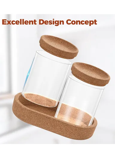 2-Glass Seasoning &amp; Food Storage Jar with Stand Holder &amp; Airtight Lids Set (D7.5 x H10)cm