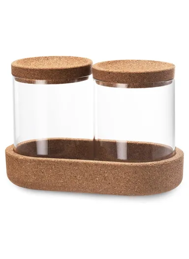 2-Glass Seasoning &amp; Food Storage Jar with Stand Holder &amp; Airtight Lids Set (D7.5 x H10)cm