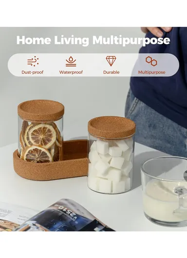 2-Glass Seasoning &amp; Food Storage Jar with Stand Holder &amp; Airtight Lids Set (D7.5 x H10)cm