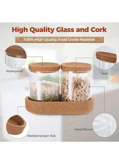 2-Glass Seasoning &amp; Food Storage Jar with Stand Holder &amp; Airtight Lids Set (D7.5 x H10)cm