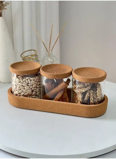 3-Glass Seasoning &amp; Food Storage Jar with Stand Holder &amp; Airtight Lids Set (W8 x H10)cm