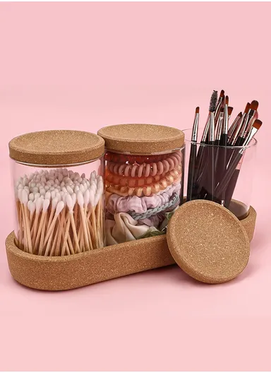 3-Glass Seasoning &amp; Food Storage Jar with Stand Holder &amp; Airtight Lids Set (W8 x H10)cm
