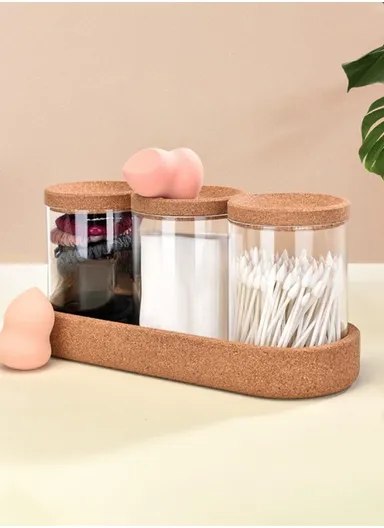 3-Glass Seasoning &amp; Food Storage Jar with Stand Holder &amp; Airtight Lids Set (W8 x H10)cm