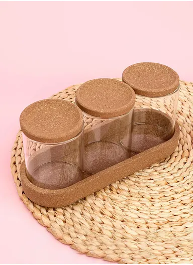 3-Glass Seasoning &amp; Food Storage Jar with Stand Holder &amp; Airtight Lids Set (W8 x H10)cm