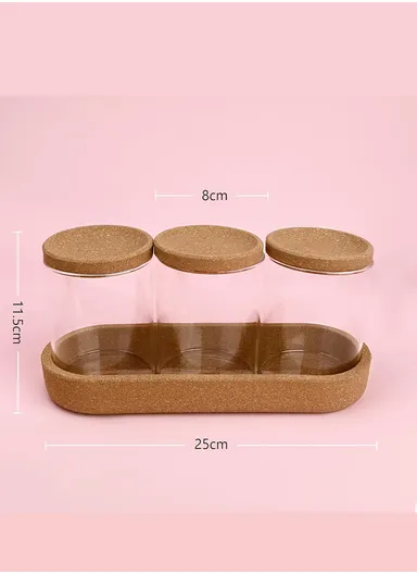 3-Glass Seasoning &amp; Food Storage Jar with Stand Holder &amp; Airtight Lids Set (W8 x H10)cm