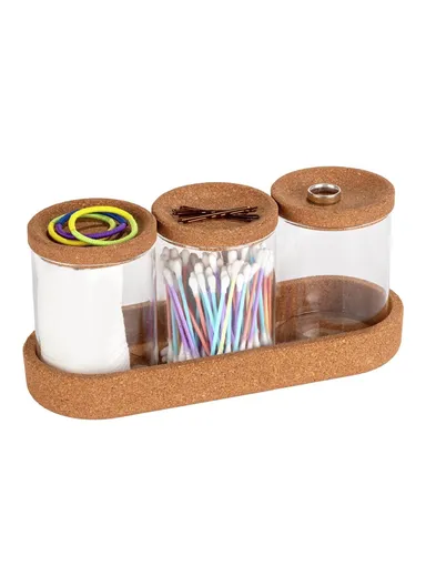 3-Glass Seasoning &amp; Food Storage Jar with Stand Holder &amp; Airtight Lids Set (W8 x H10)cm