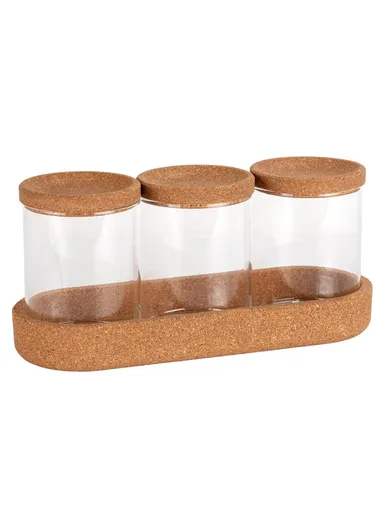 3-Glass Seasoning &amp; Food Storage Jar with Stand Holder &amp; Airtight Lids Set (W8 x H10)cm