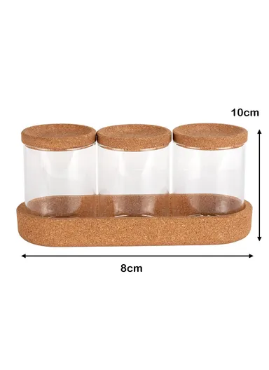 3-Glass Seasoning &amp; Food Storage Jar with Stand Holder &amp; Airtight Lids Set (W8 x H10)cm