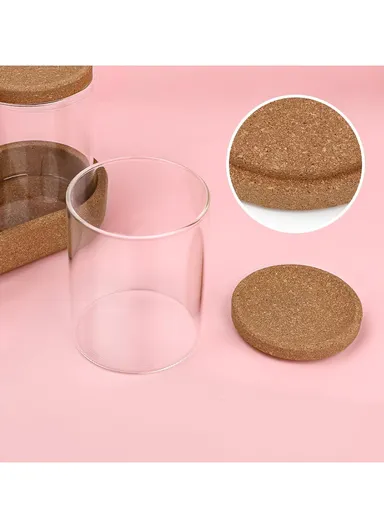 3-Glass Seasoning &amp; Food Storage Jar with Stand Holder &amp; Airtight Lids Set (W8 x H10)cm
