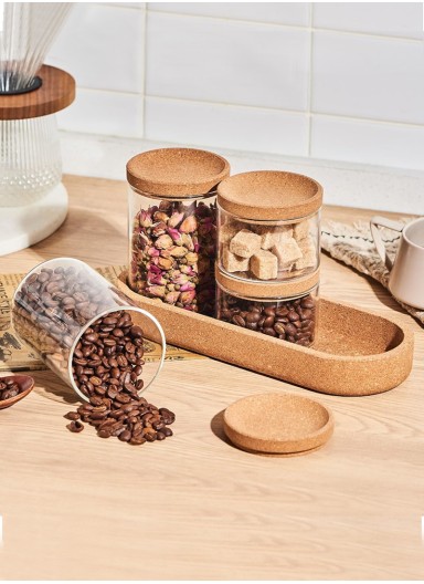 2-Glass Seasoning &amp; Food Storage Jar with Stand Holder &amp; Airtight Lids Set (D7.5 x H10)cm