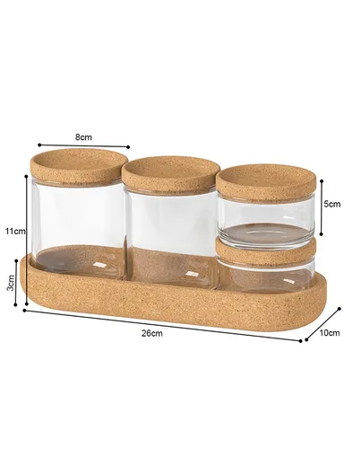 4-Glass Seasoning &amp; Food Storage Jar with Stand Holder &amp; Airtight Lids Set (D8 x H11)cm 