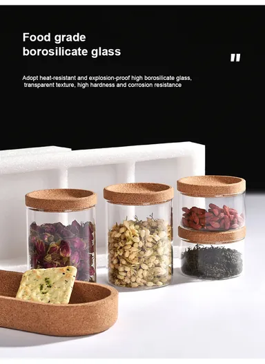 4-Glass Seasoning &amp; Food Storage Jar with Stand Holder &amp; Airtight Lids Set (D8 x H11)cm 