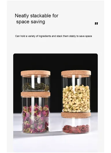 4-Glass Seasoning &amp; Food Storage Jar with Stand Holder &amp; Airtight Lids Set (D8 x H11)cm 