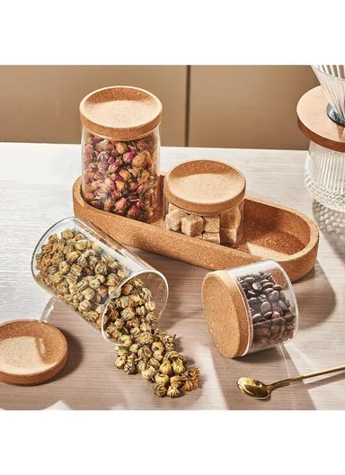 4-Glass Seasoning &amp; Food Storage Jar with Stand Holder &amp; Airtight Lids Set (D8 x H11)cm 