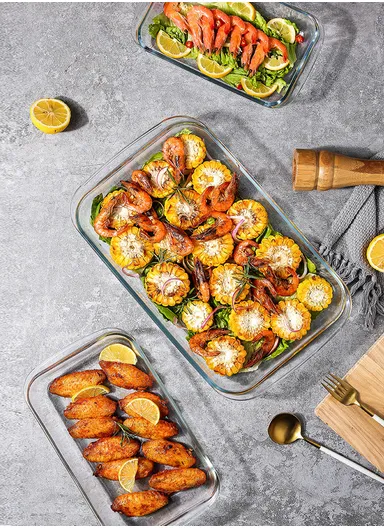 1L/1.6L/2.2L 3-Pcs Rectangular Borosilicate Glass Oven-Safe Baking Pan Tray CXKP-L3