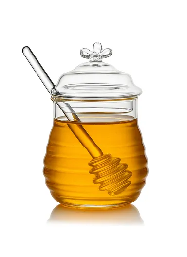 380ml Elegant Glass Honey Jar with Honey Spoon, Drip-Free Honey Serving