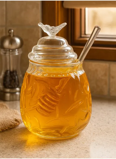 380ml Elegant Glass Honey Jar with Honey Spoon, Drip-Free Honey Serving