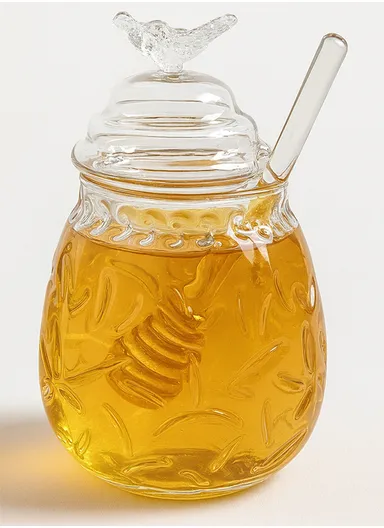 380ml Elegant Glass Honey Jar with Honey Spoon, Drip-Free Honey Serving