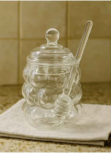 420ml Elegant Glass Honey Jar with Honey Spoon, Drip-Free Honey Serving