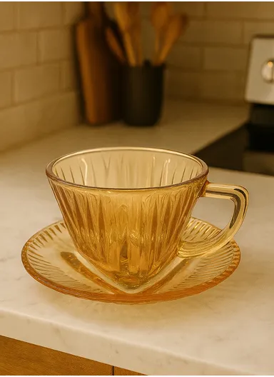 110ml 12-Pcs Glass Modern Coffee &amp; Tea Cups with 6 Saucers Set &amp; 6 Cups - Amber