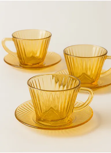 110ml 12-Pcs Glass Modern Coffee &amp; Tea Cups with 6 Saucers Set &amp; 6 Cups - Amber