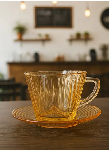 110ml 12-Pcs Glass Modern Coffee &amp; Tea Cups with 6 Saucers Set &amp; 6 Cups - Amber
